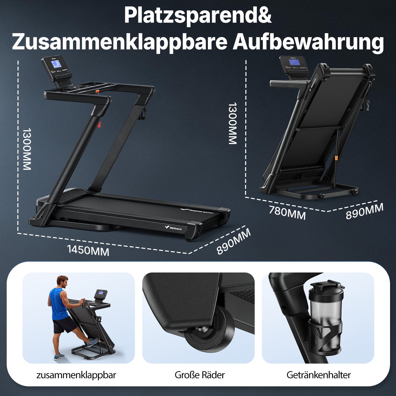 Cinta de correr plegable negra con dimensiones y vistas de accesorios.