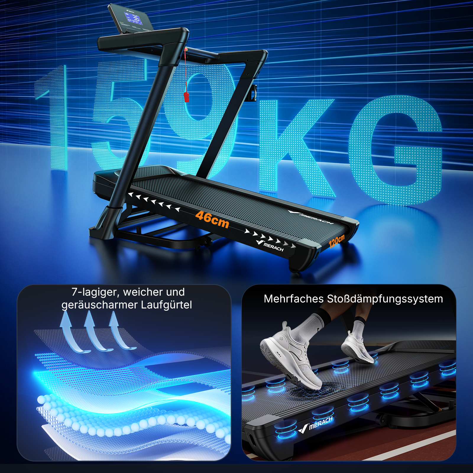 Cinta de correr con capacidad de 159 kg, ancho de banda de 46 cm y longitud de 120 cm.