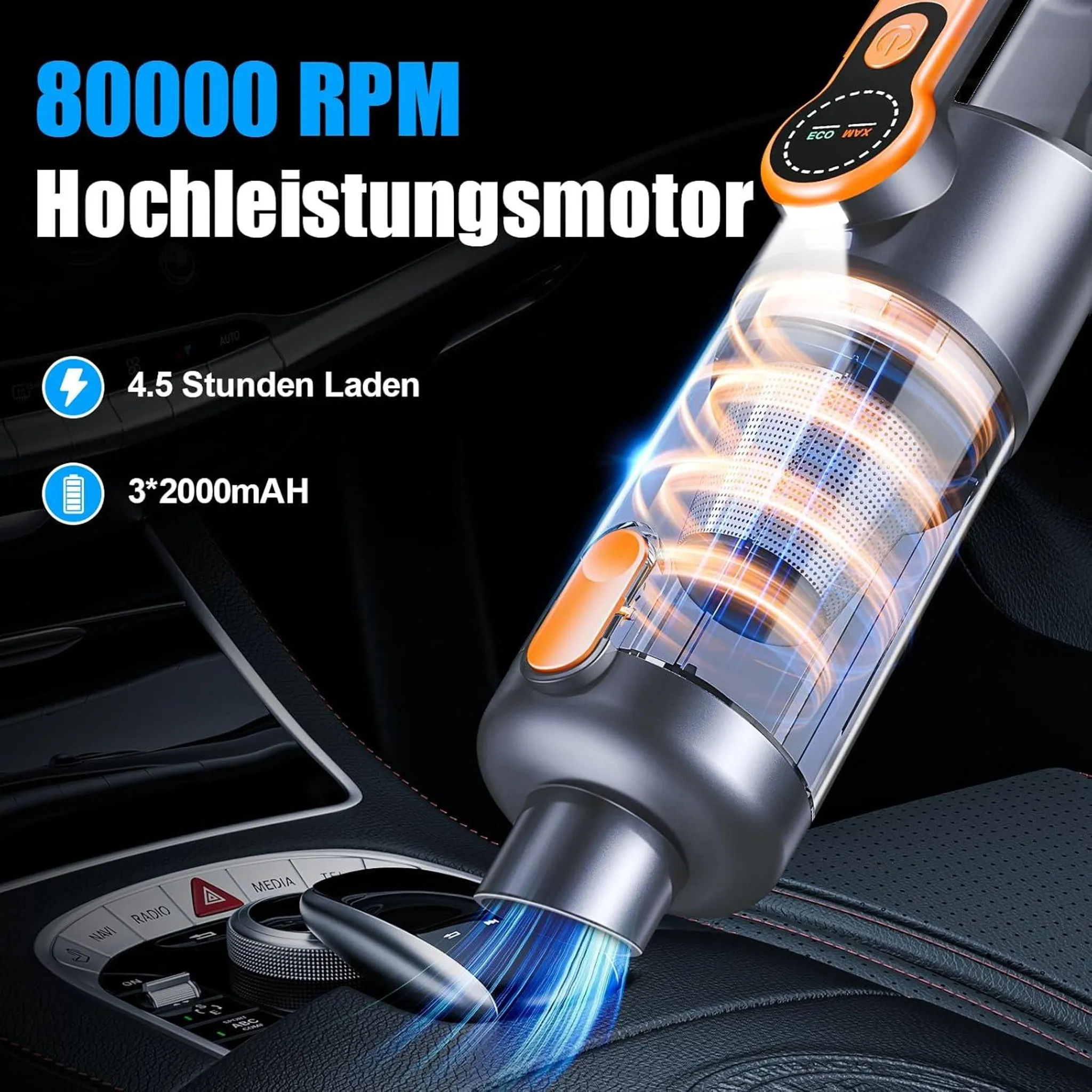 Ein Handstaubsauger mit 80000 U/min wird in einem Auto verwendet.