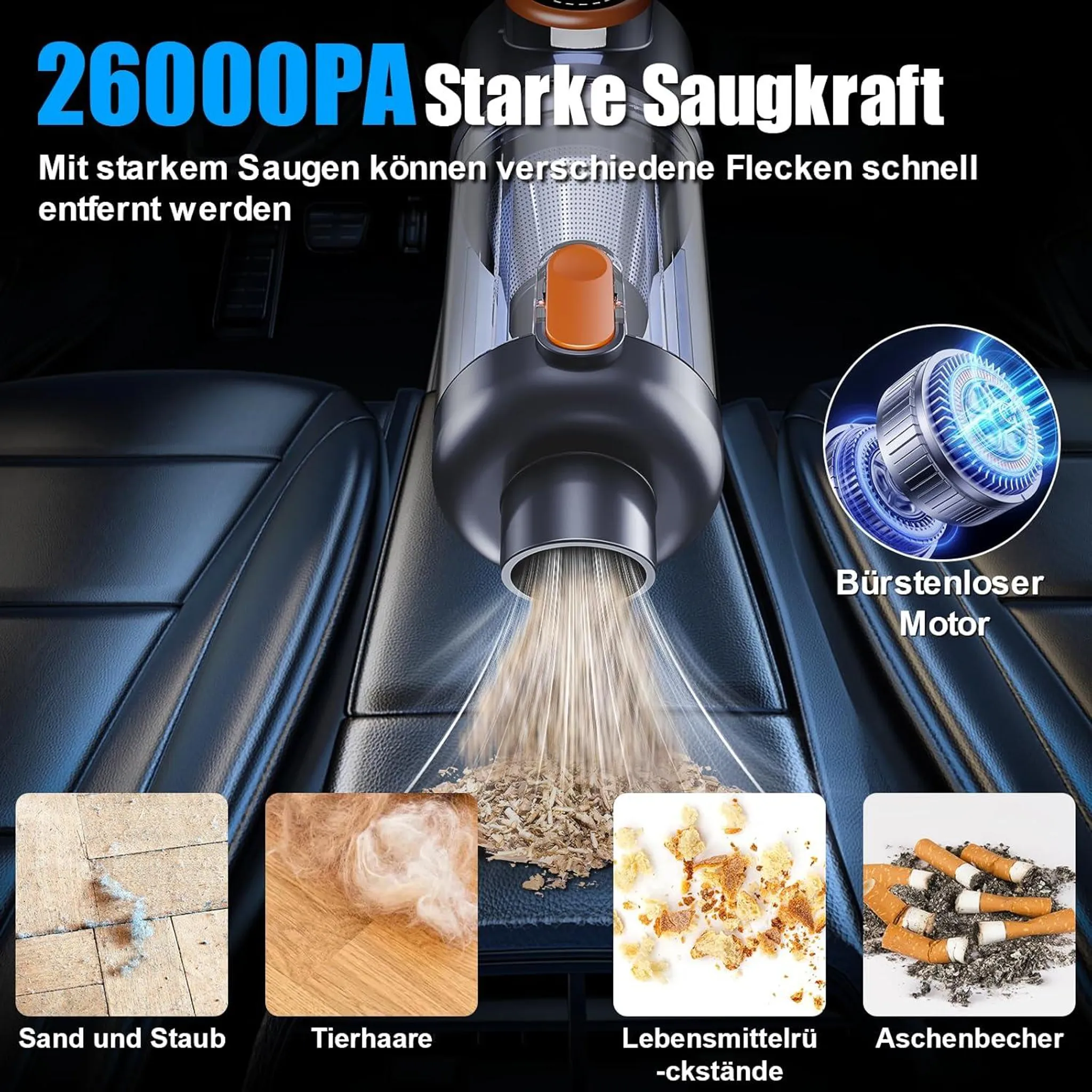 Staubsauger saugt Staub, Tierhaare, Krümel und Zigarettenstummel. 26000PA.