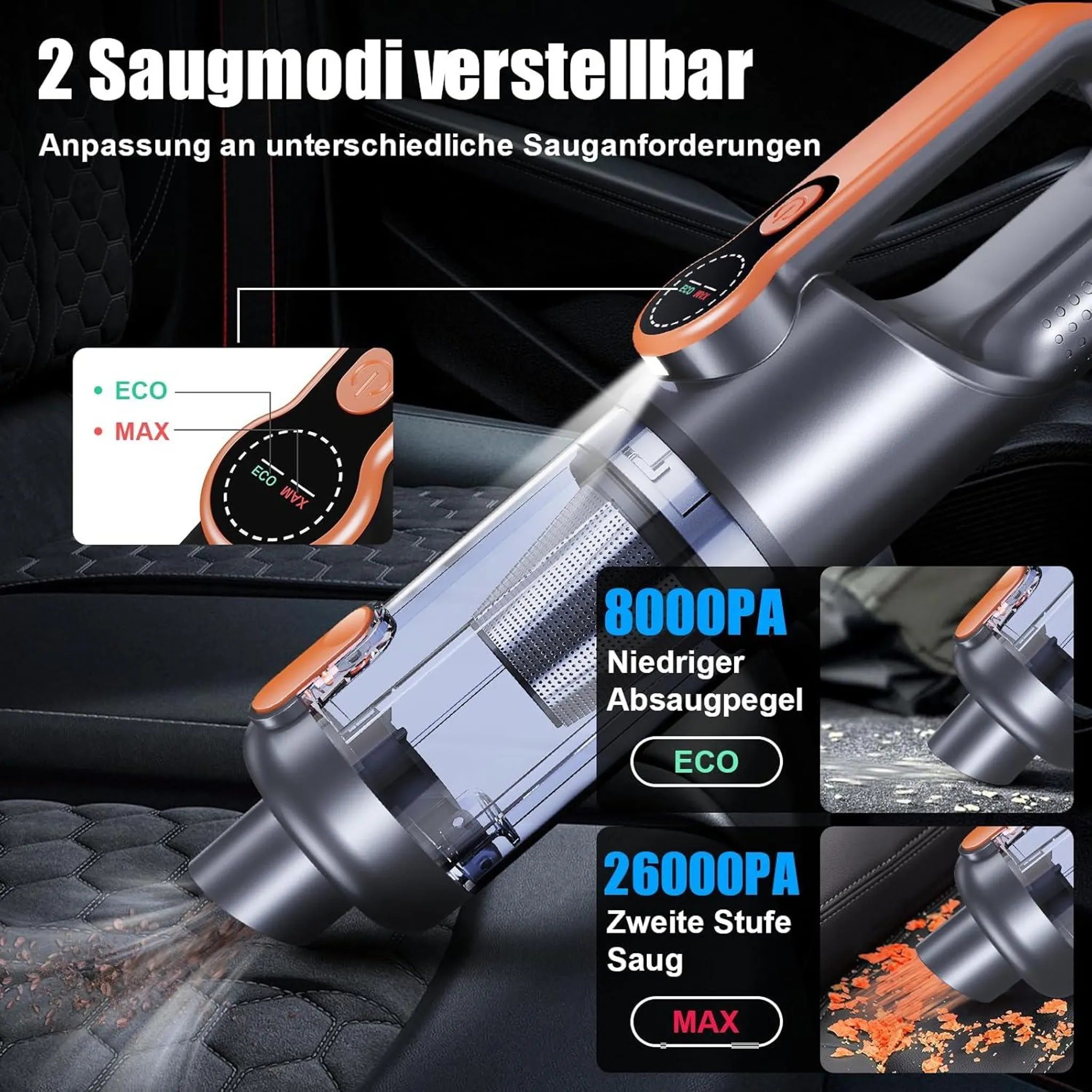 Ein tragbarer Staubsauger mit zwei Saugmodi, ECO und MAX, reinigt Autositze.
