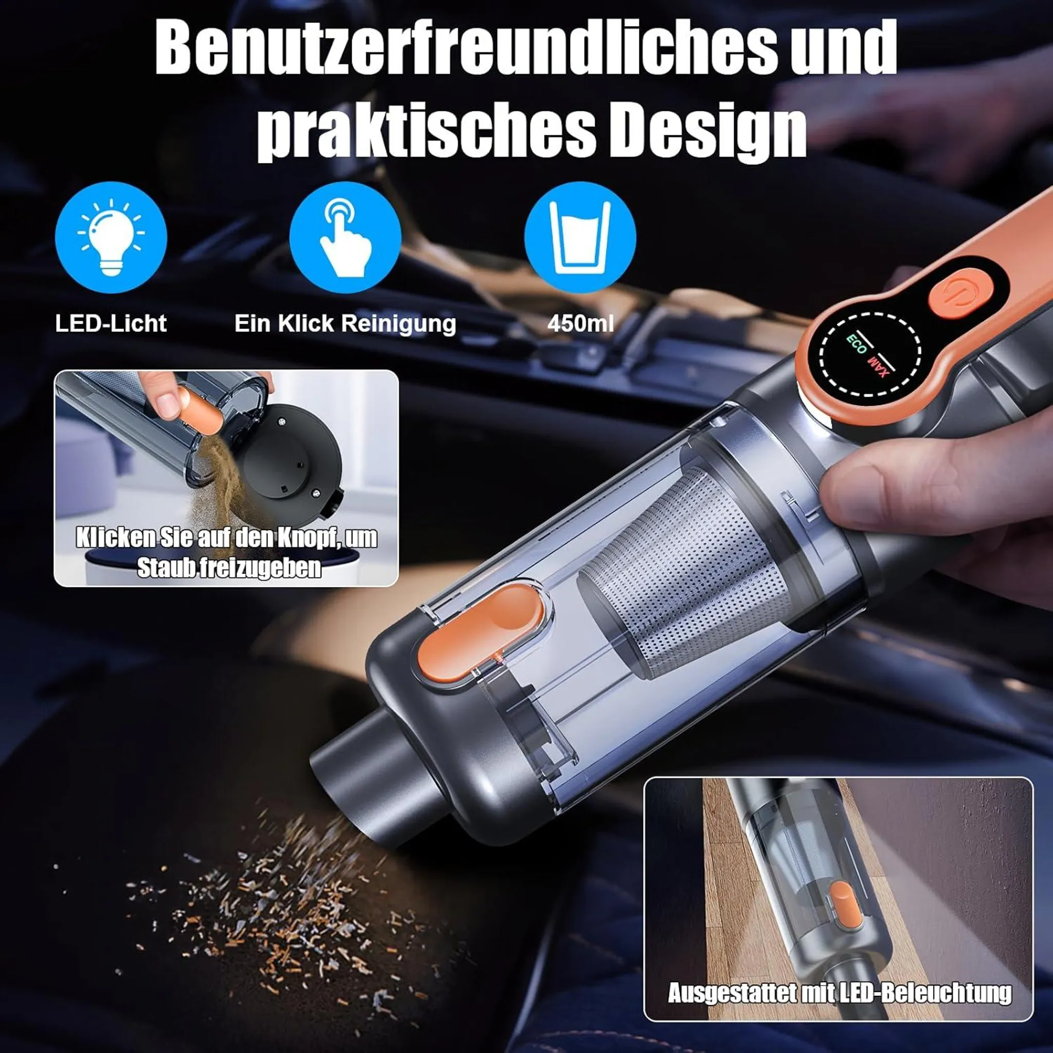 Handstaubsauger mit LED-Licht, 450ml Kapazität, einfache Reinigung.