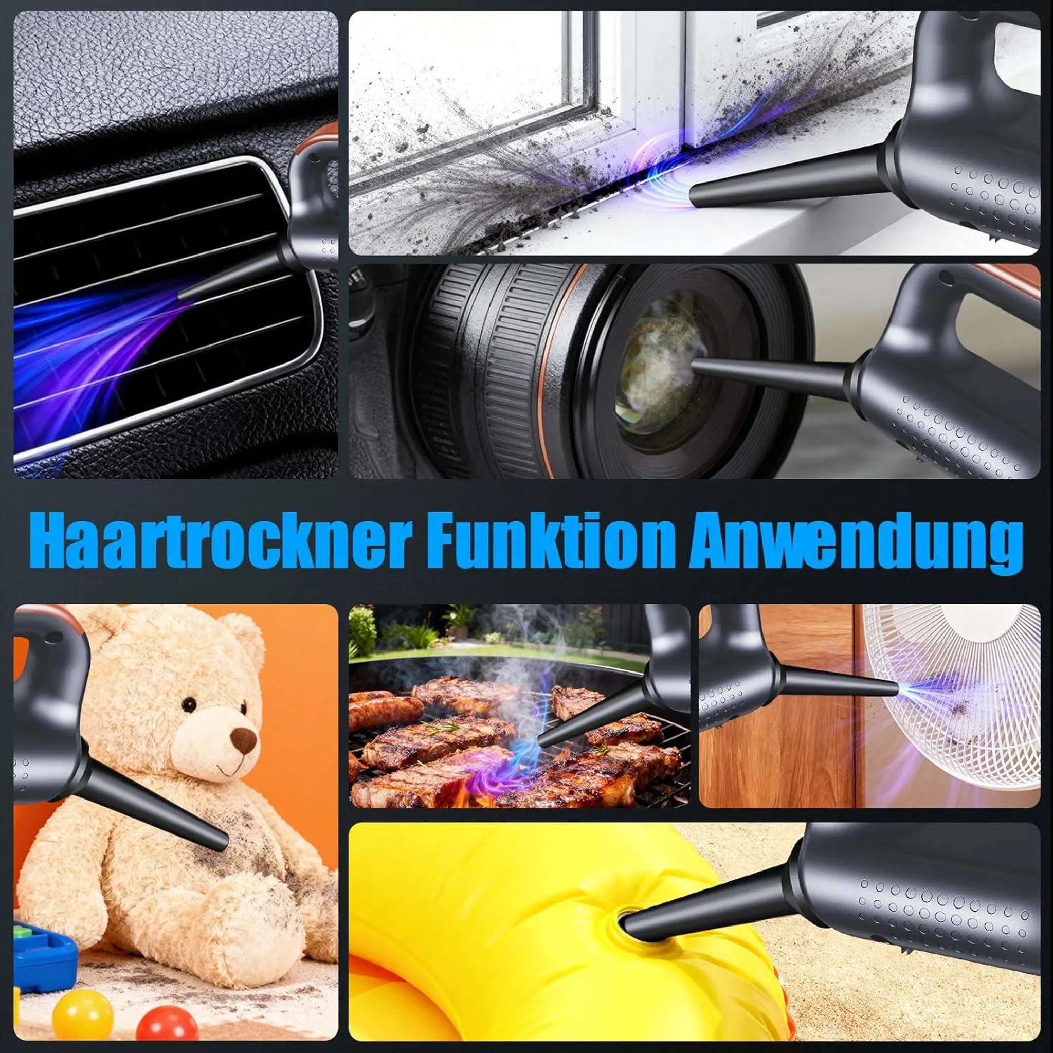 Ein kabelloses Gebläse wird gezeigt, wie es Autos, Fenster, Kameras, Grill, Teddybär und Ventilator reinigt.