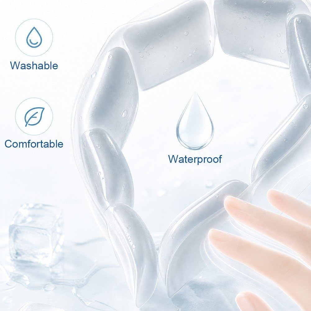 Transparenter Gegenstand mit Icons für Waschbarkeit, Komfort, Wasserdichtigkeit.
