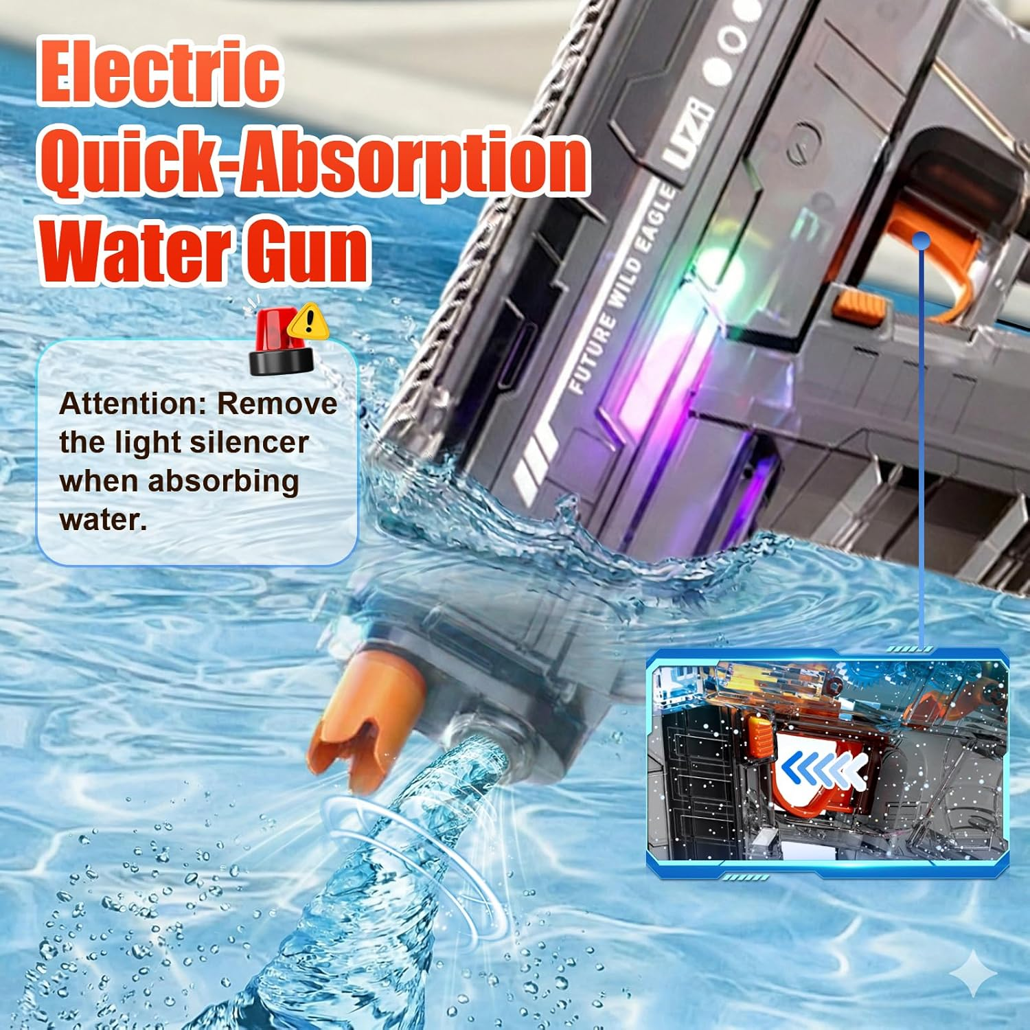 Elektrischer Schnellwasser-Sauger mit LEDs, der Wasser aufsaugt.
