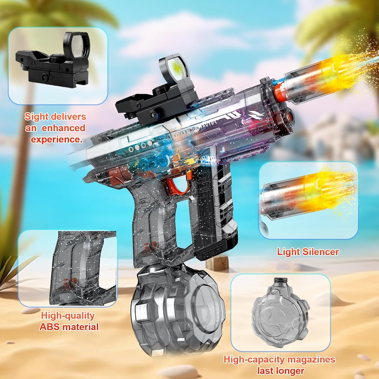 Transparente Spielzeugpistole mit Visier, Schalldämpfer und Trommelmagazin am Strand.