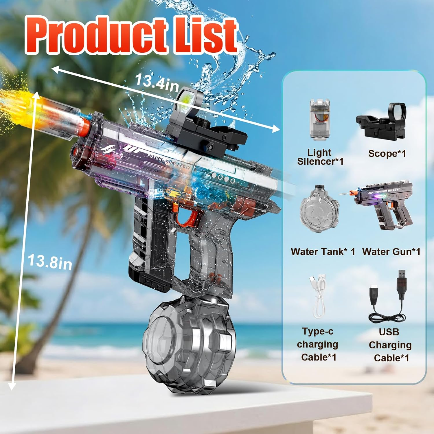 Wasserpistolen-Produktliste mit Maßen und Zubehör: Zielfernrohr, Schalldämpfer, Tank, Kabel.