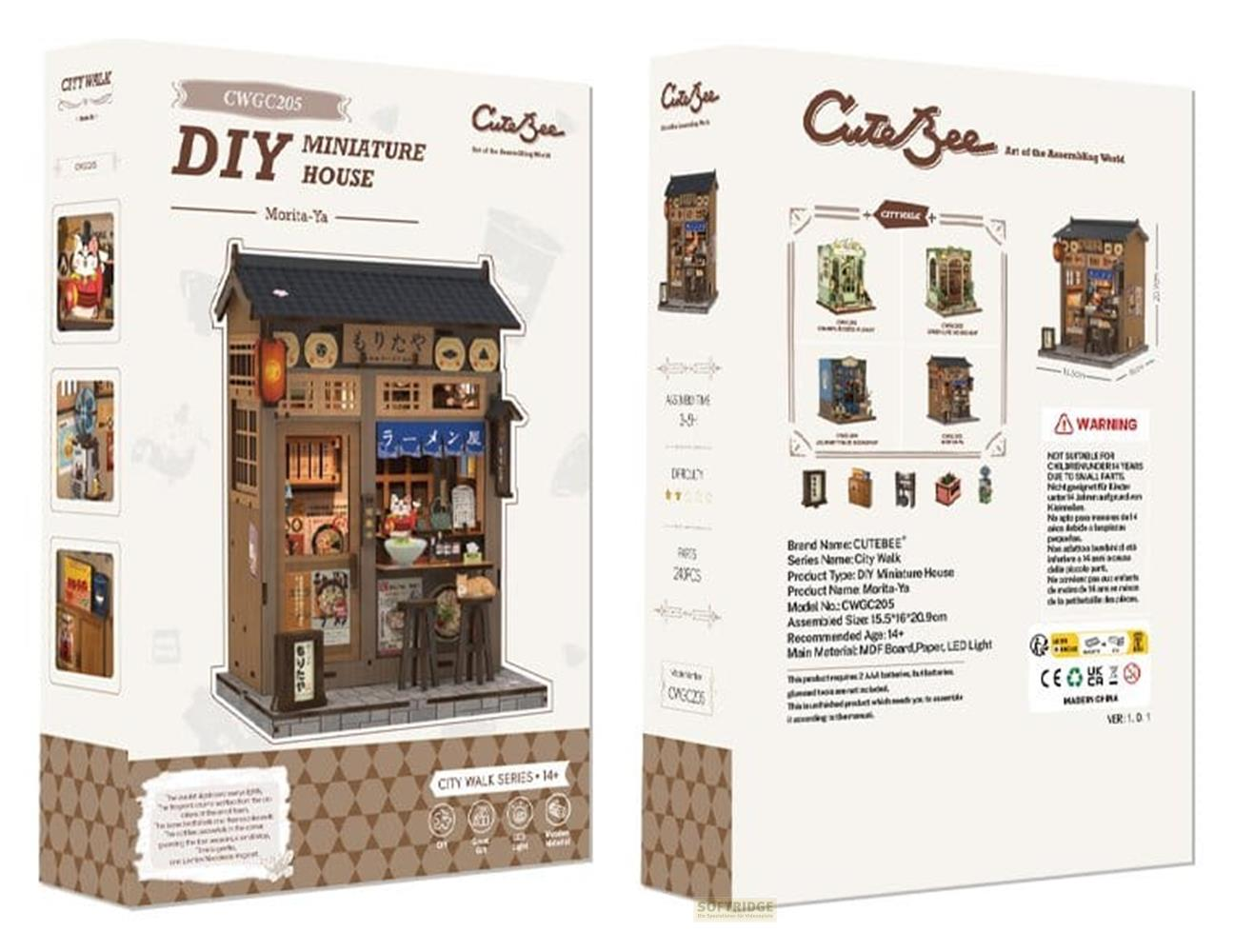 Verpackung eines DIY-Miniaturhauses im japanischen Stil mit detaillierten Abbildungen.