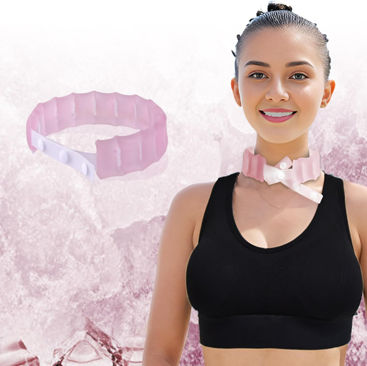 Frau mit rosa Nackenband und Sport-BH, das Band ist vorn zu sehen.