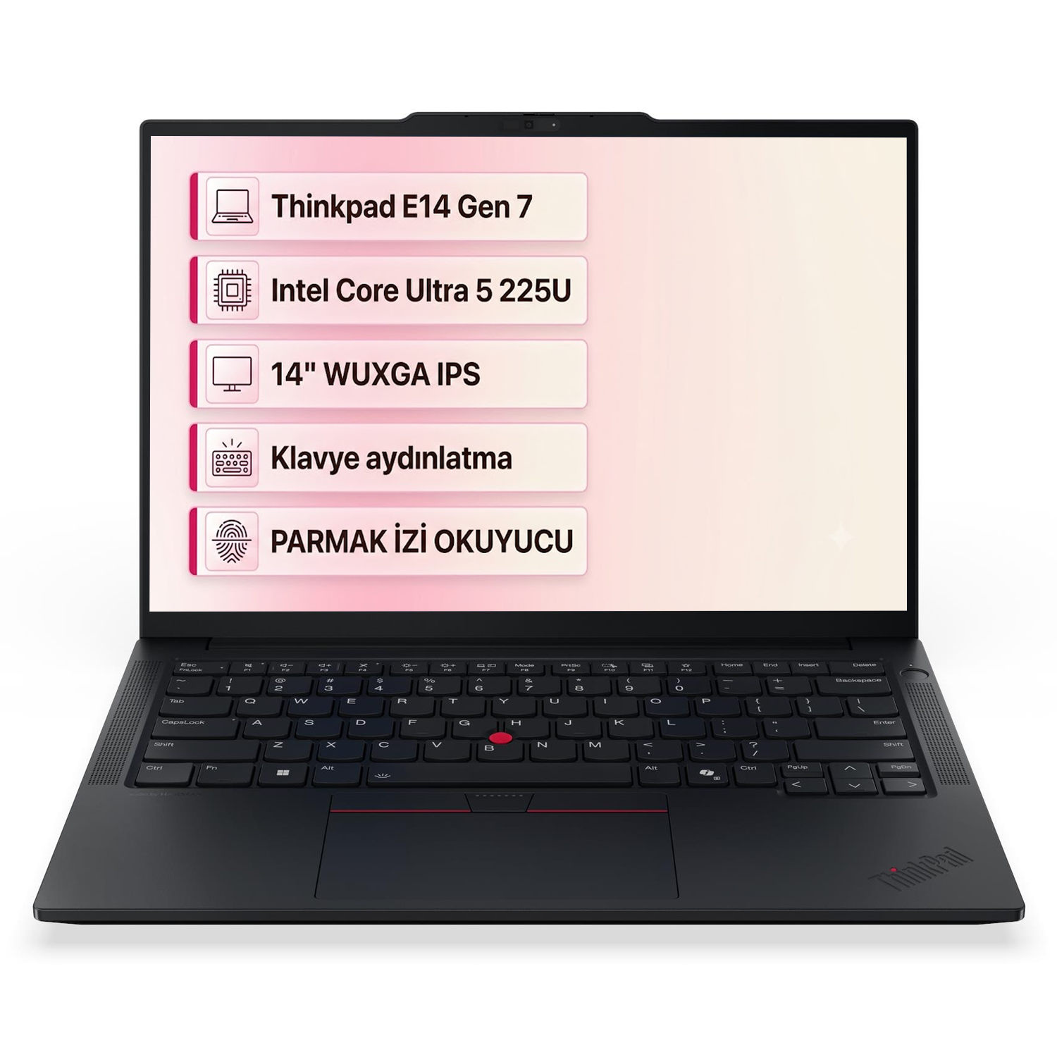 Thinkpad E14 Gen 7, Intel Core Ultra 5 225U, 14" WUXGA IPS özellikli siyah dizüstü bilgisayar.