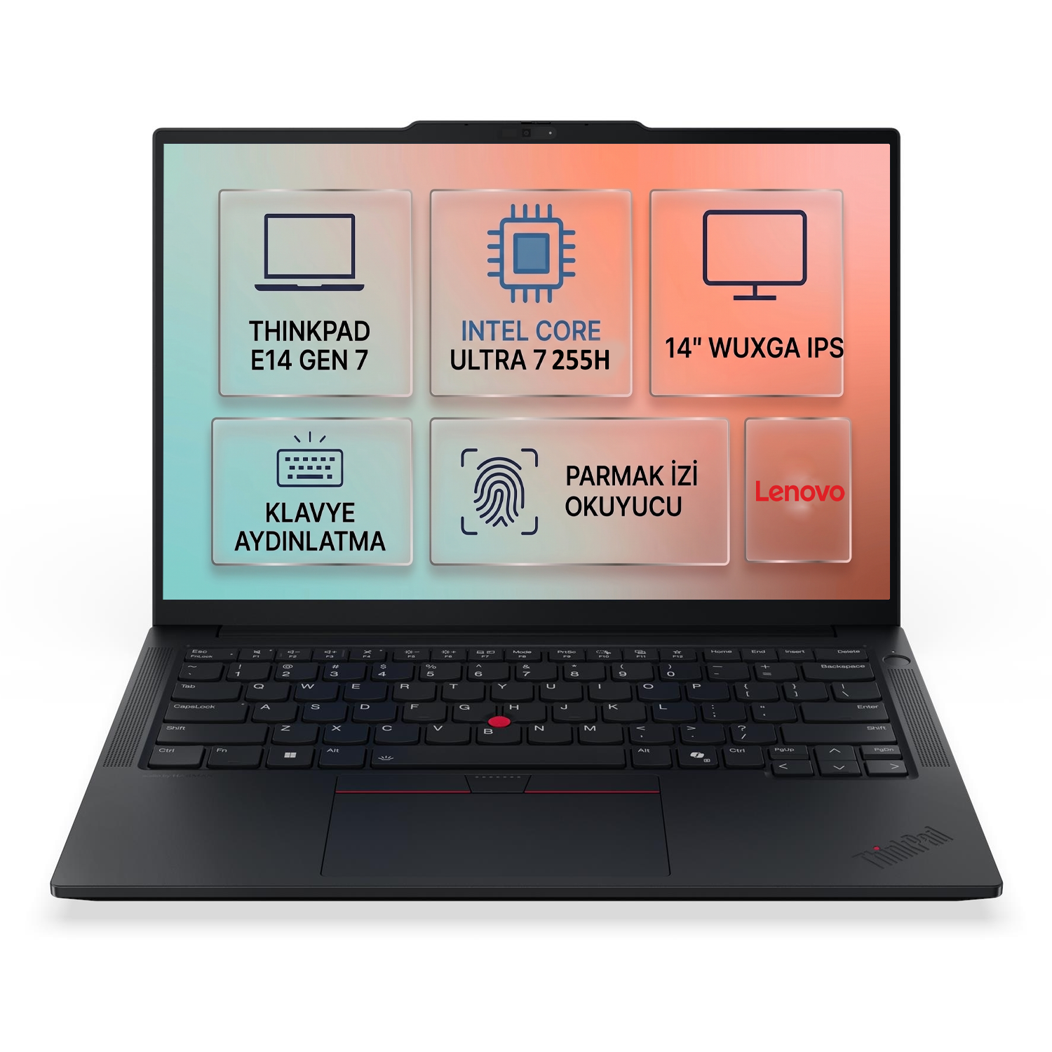 Intel Core Ultra 7 255H işlemcili siyah Lenovo Thinkpad E14 Gen 7 dizüstü bilgisayar.