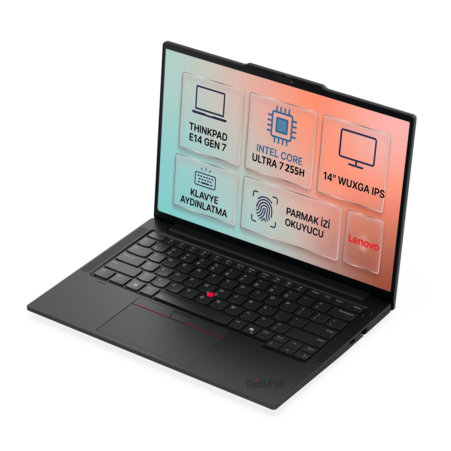 Intel Core Ultra 7 işlemcili siyah Lenovo ThinkPad E14 Gen 7 dizüstü bilgisayar.