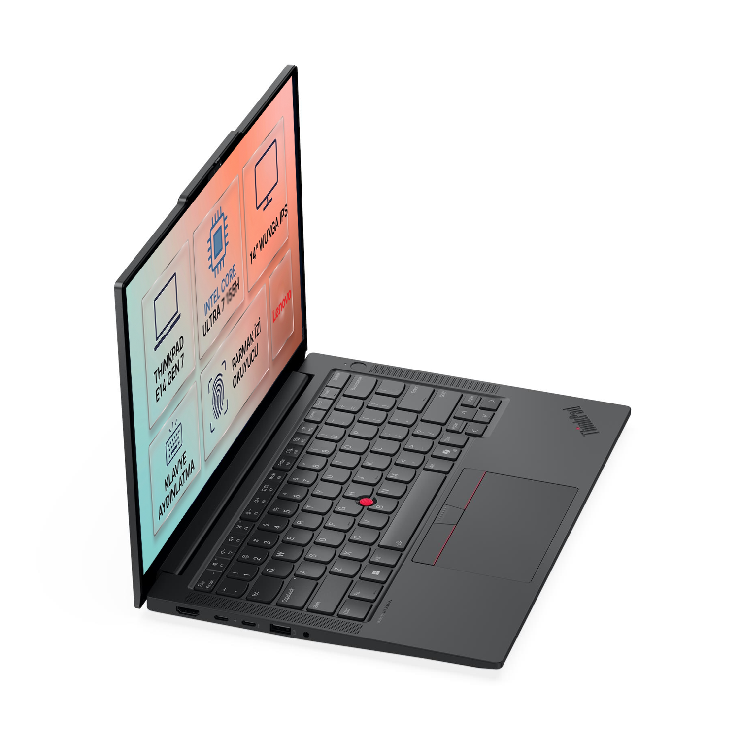 Arkadan aydınlatmalı klavyeli ve Intel Core Ultra 7 işlemcili gri Lenovo ThinkPad dizüstü bilgisayar.