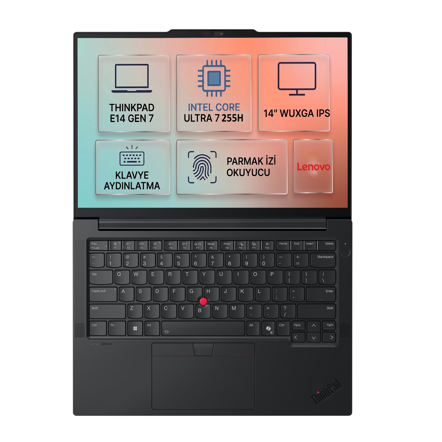 Intel Core Ultra 7 işlemcili açık Lenovo ThinkPad E14 Gen 7 dizüstü bilgisayar.