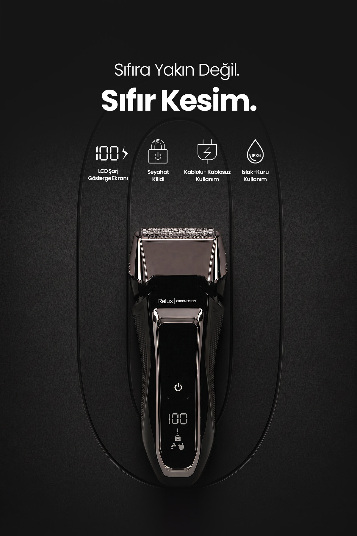 LCD ekranlı, seyahat kilidi ve IPX6 dereceli siyah elektrikli tıraş makinesi.