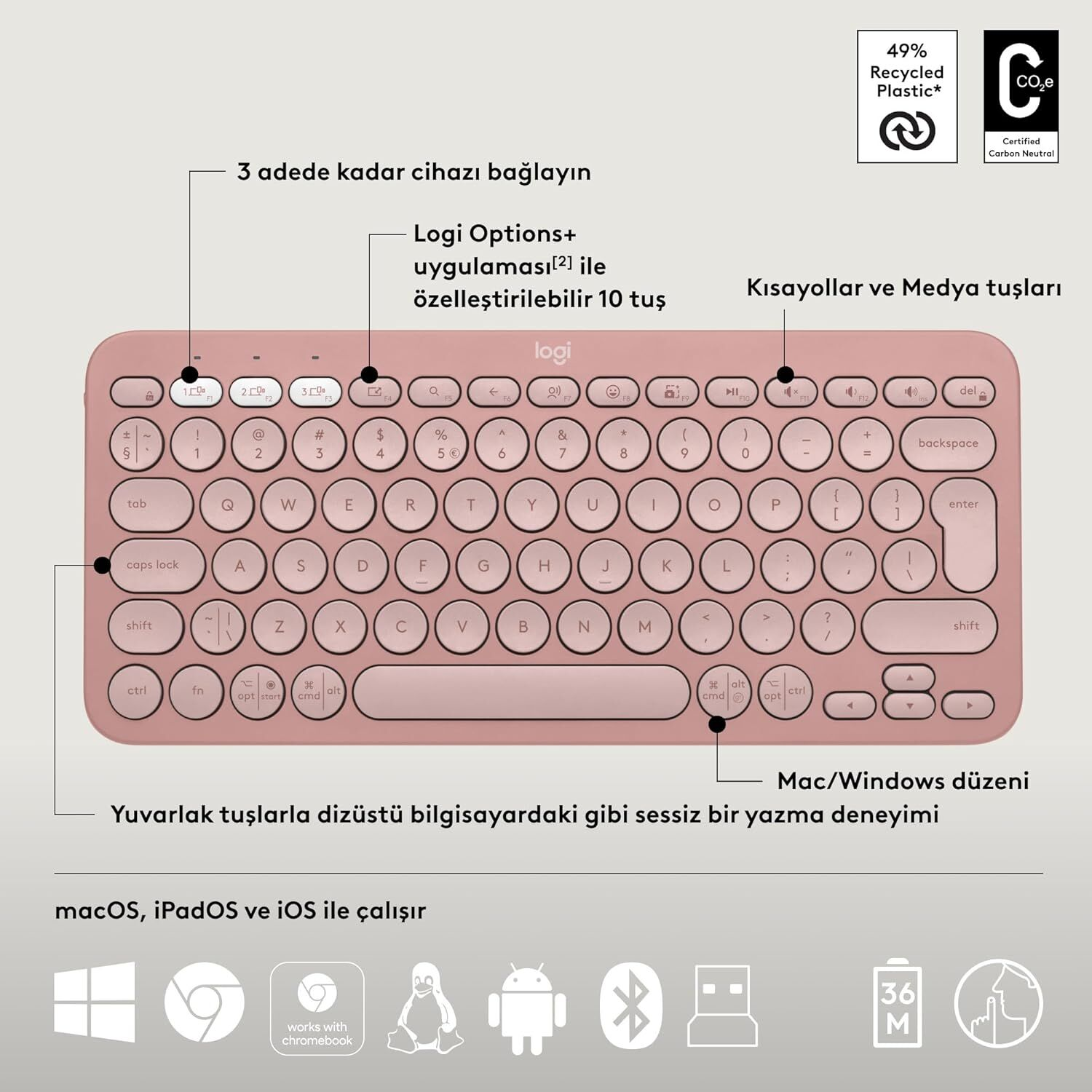 Pembe Logitech klavye düzeni, yuvarlak tuşlu. Bağlantı simgeleri solda.