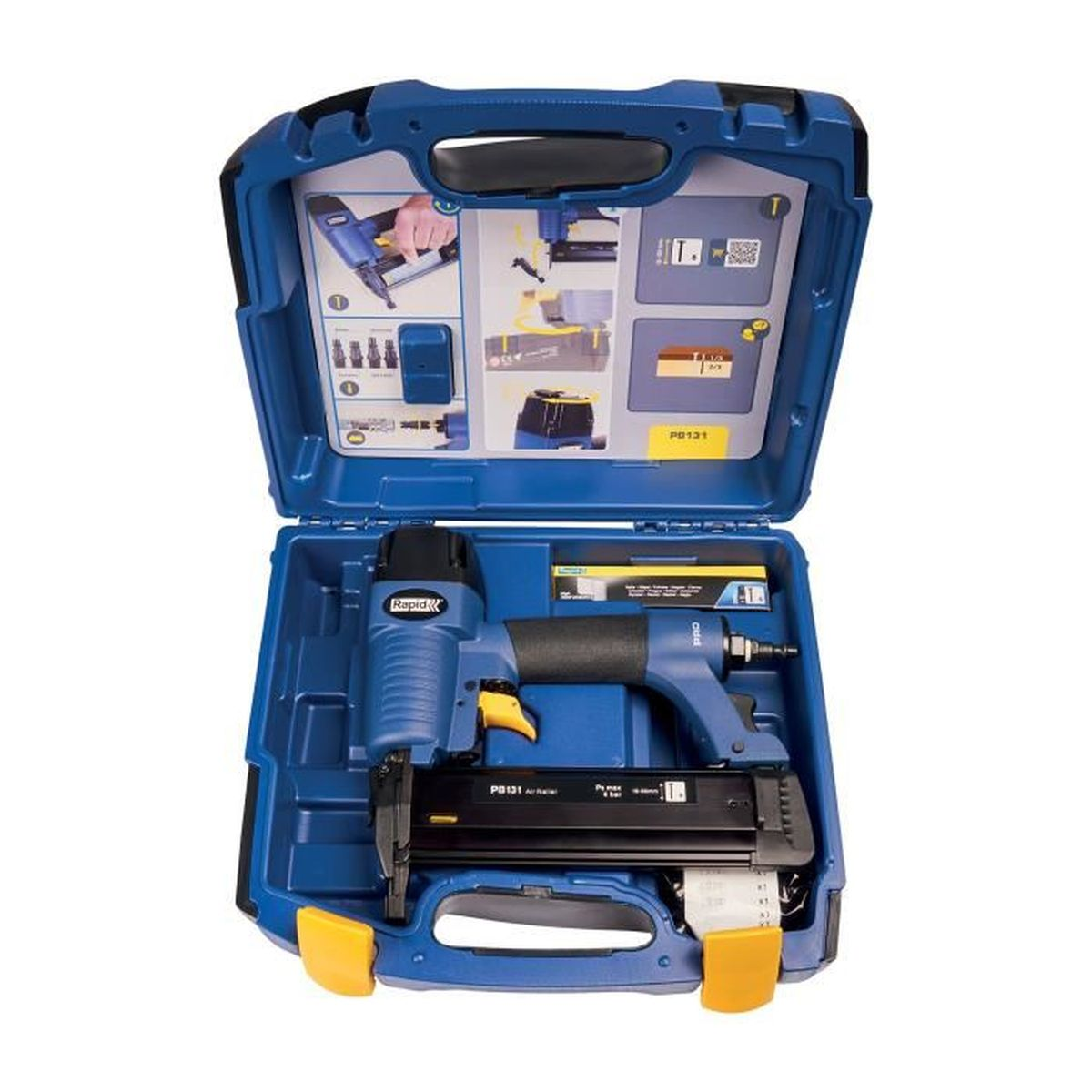 Valigetta blu con sparapunti blu e accessori. Istruzioni nel coperchio.