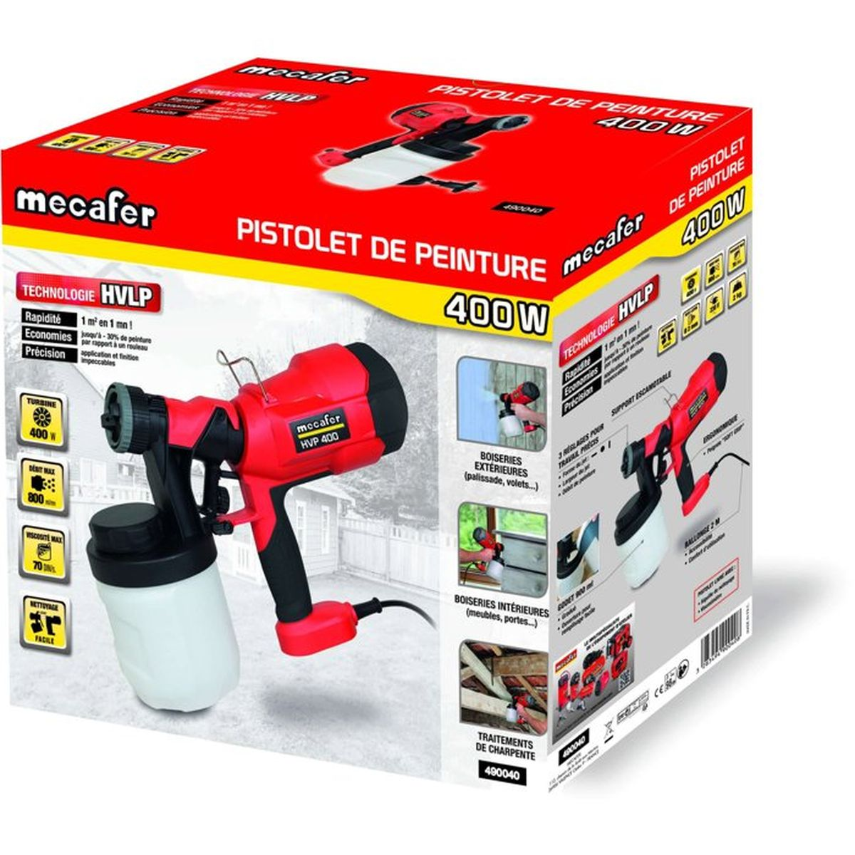 Scatola di una pistola a spruzzo Mecafér HVLP rossa con contenitore bianco.