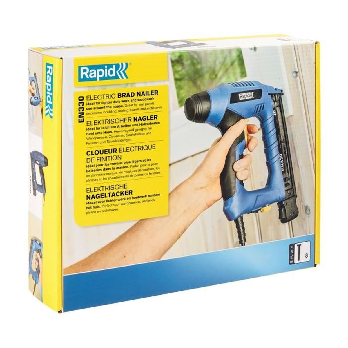 Una mano tiene una sparapunti elettrica blu Rapid EN330 contro una superficie di legno.