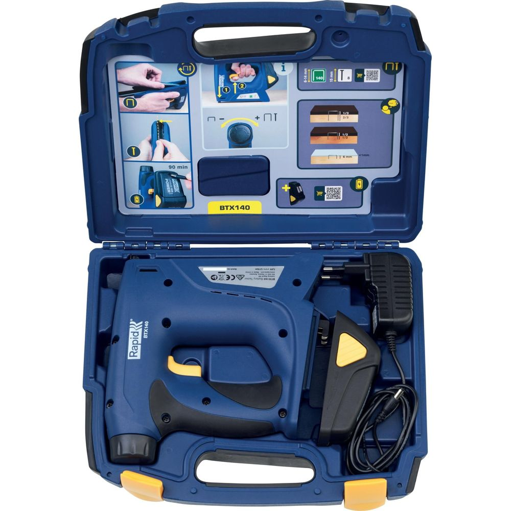 Custodia blu con sparapunti blu e giallo e caricabatterie all'interno.