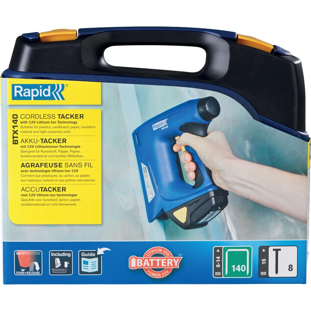 Una sparapunti cordless blu Rapid tenuta in mano, con dettagli sulla confezione.