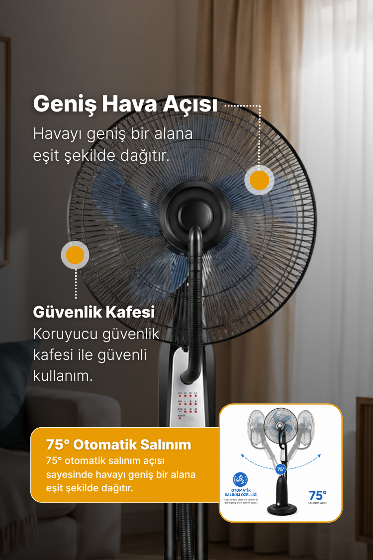 Mavi kanatlı siyah bir ayaklı vantilatör, hava dağıtımı için geniş salınım özelliğini gösteriyor.