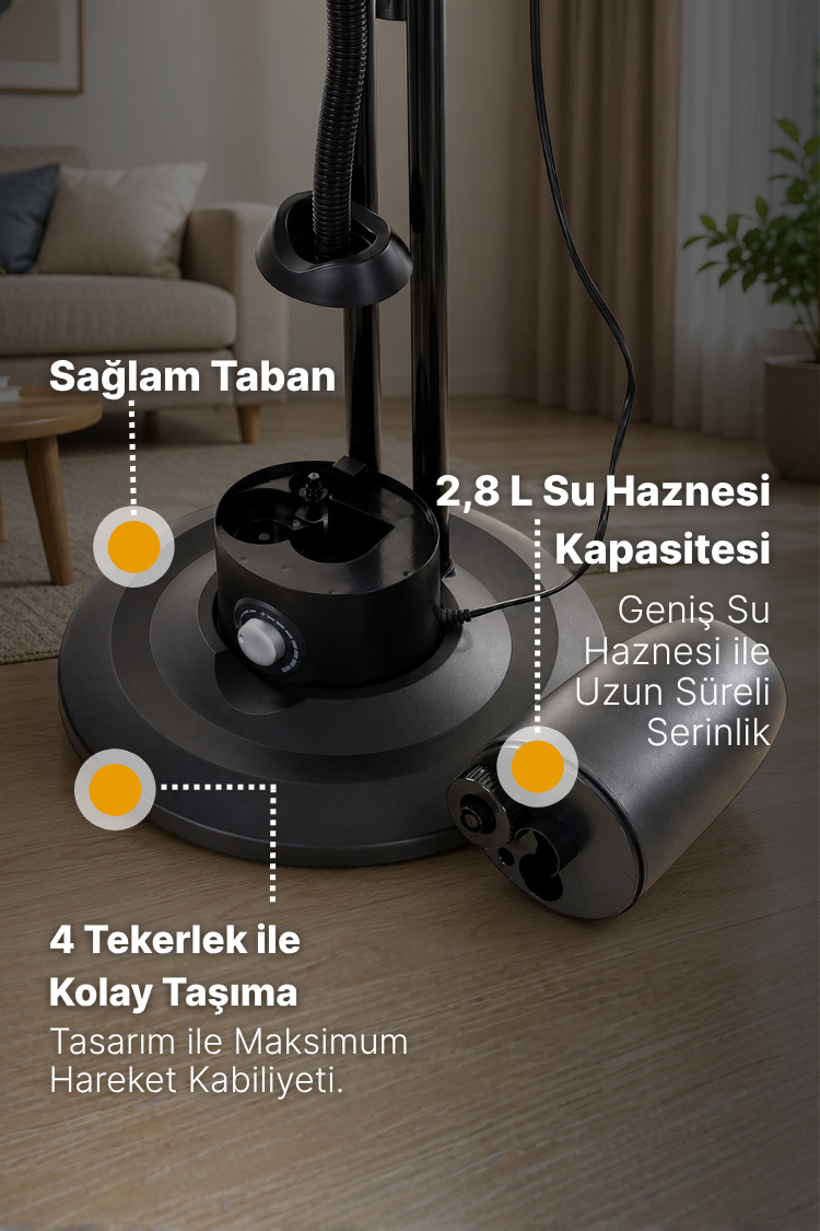 2,8 L su haznesi ve tekerlekli, sağlam tabanlı siyah bir vantilatör.
