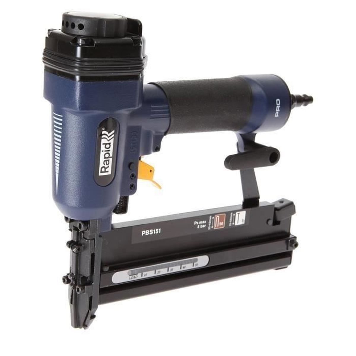 Graffettatrice pneumatica Rapid Pro blu e nera con grilletto giallo, su sfondo bianco.