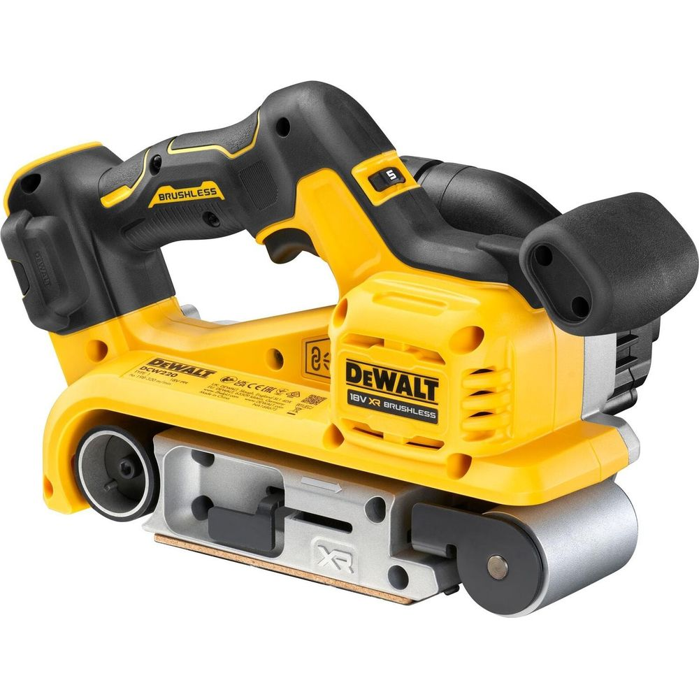 Una levigatrice a nastro cordless DeWalt gialla e nera con tecnologia brushless.