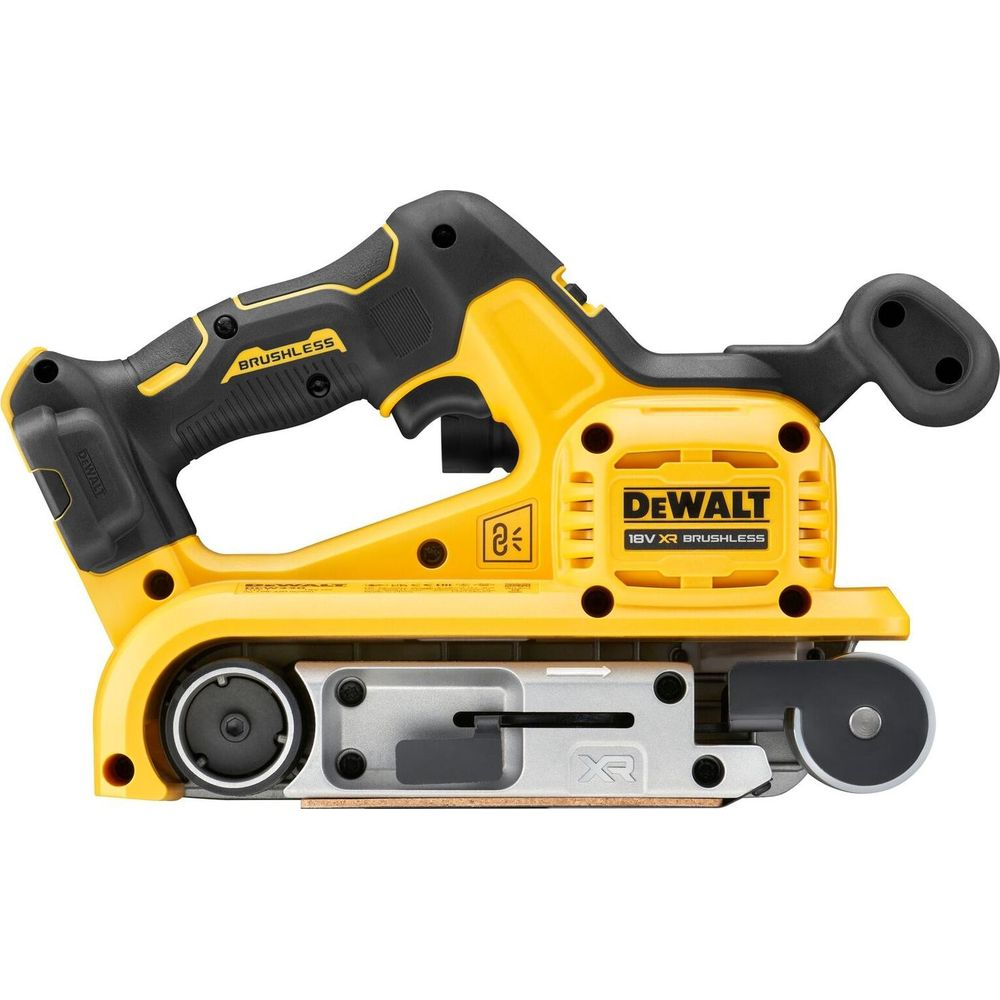 Levigatrice a nastro a batteria DeWalt gialla e nera con scritta "Brushless".
