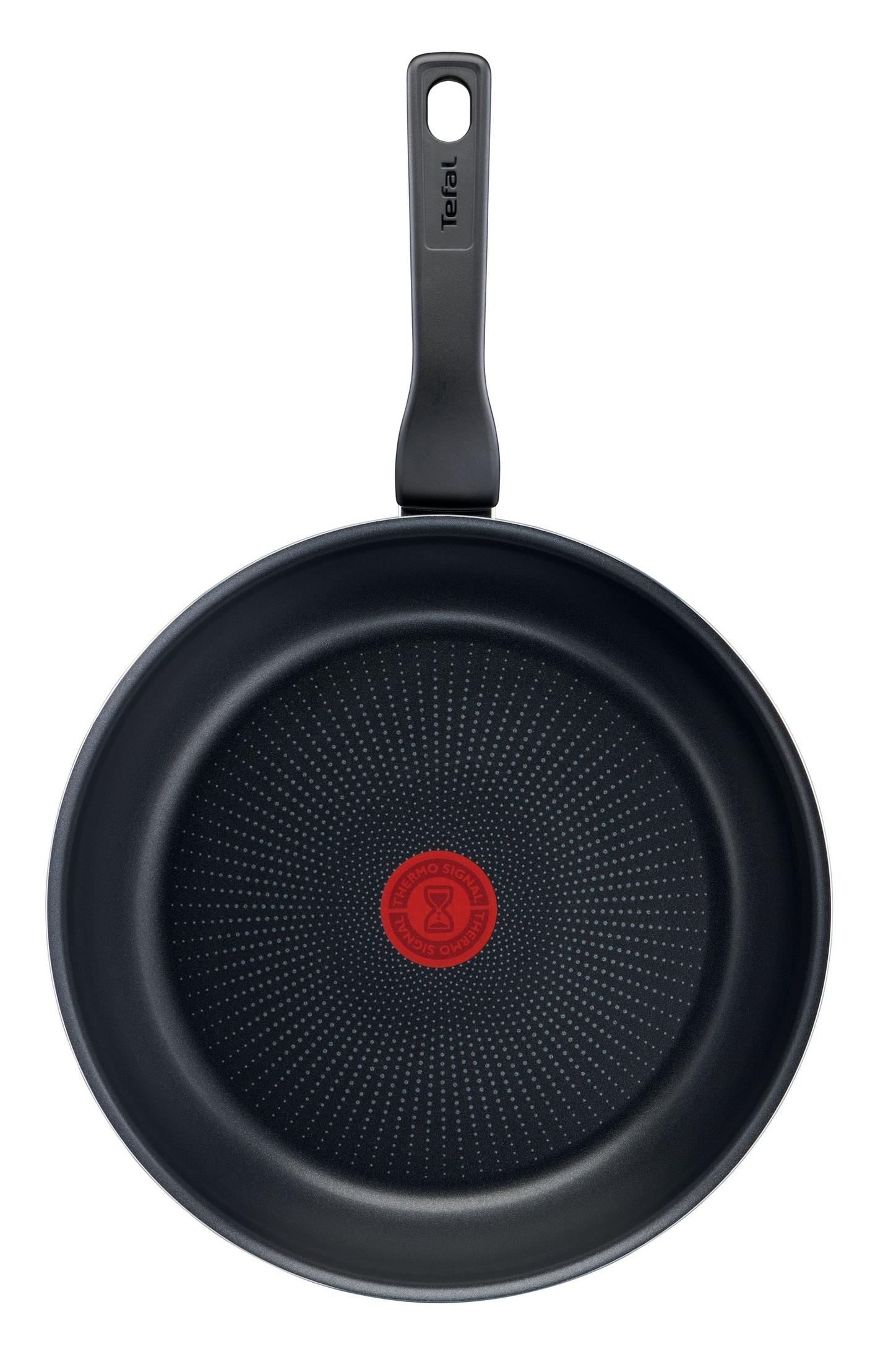 Padella nera con logo rosso Thermo-Signal e logo Tefal sul manico.