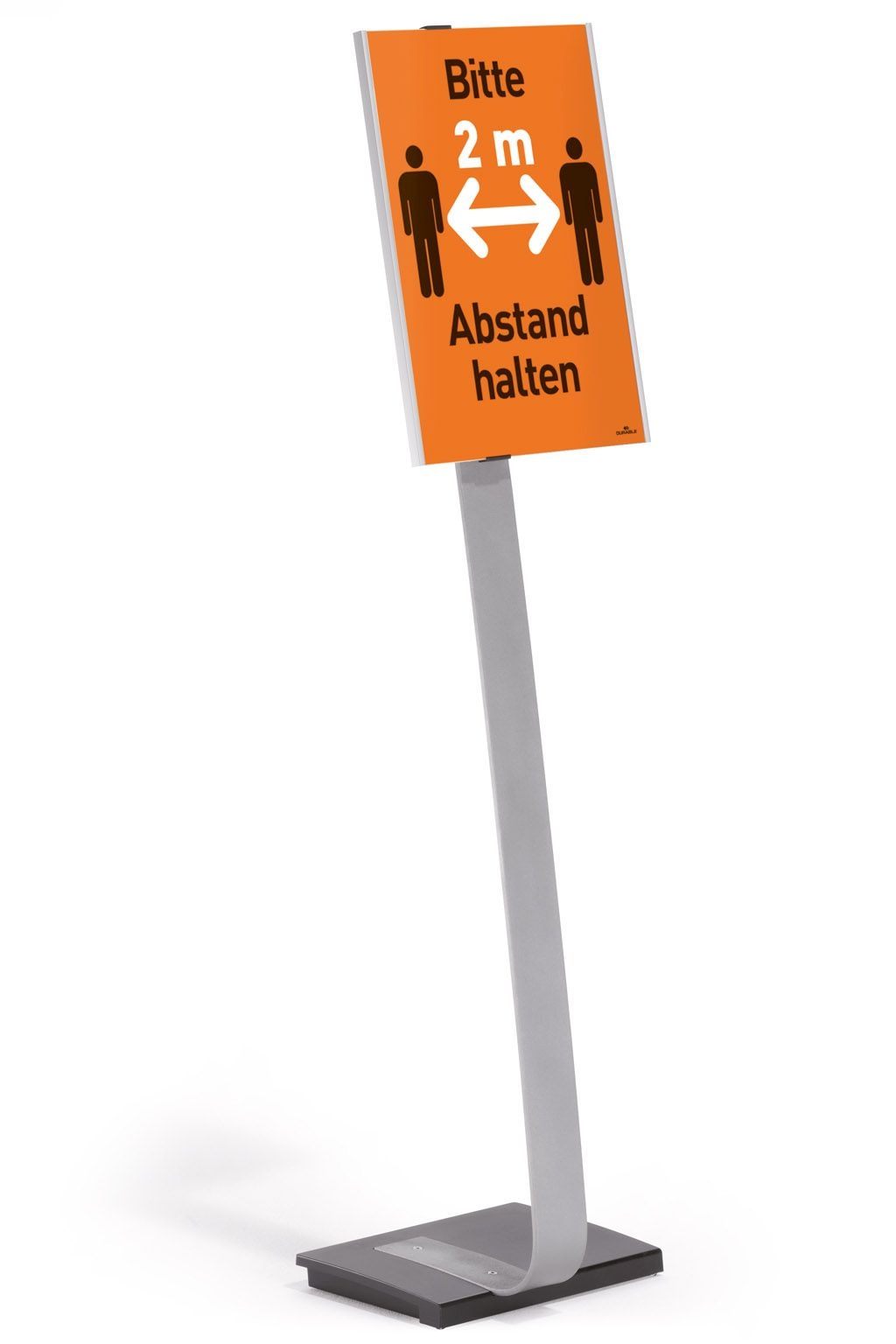 Cartello con icone di due persone, distanza 2m e testo 'Abstand halten'.