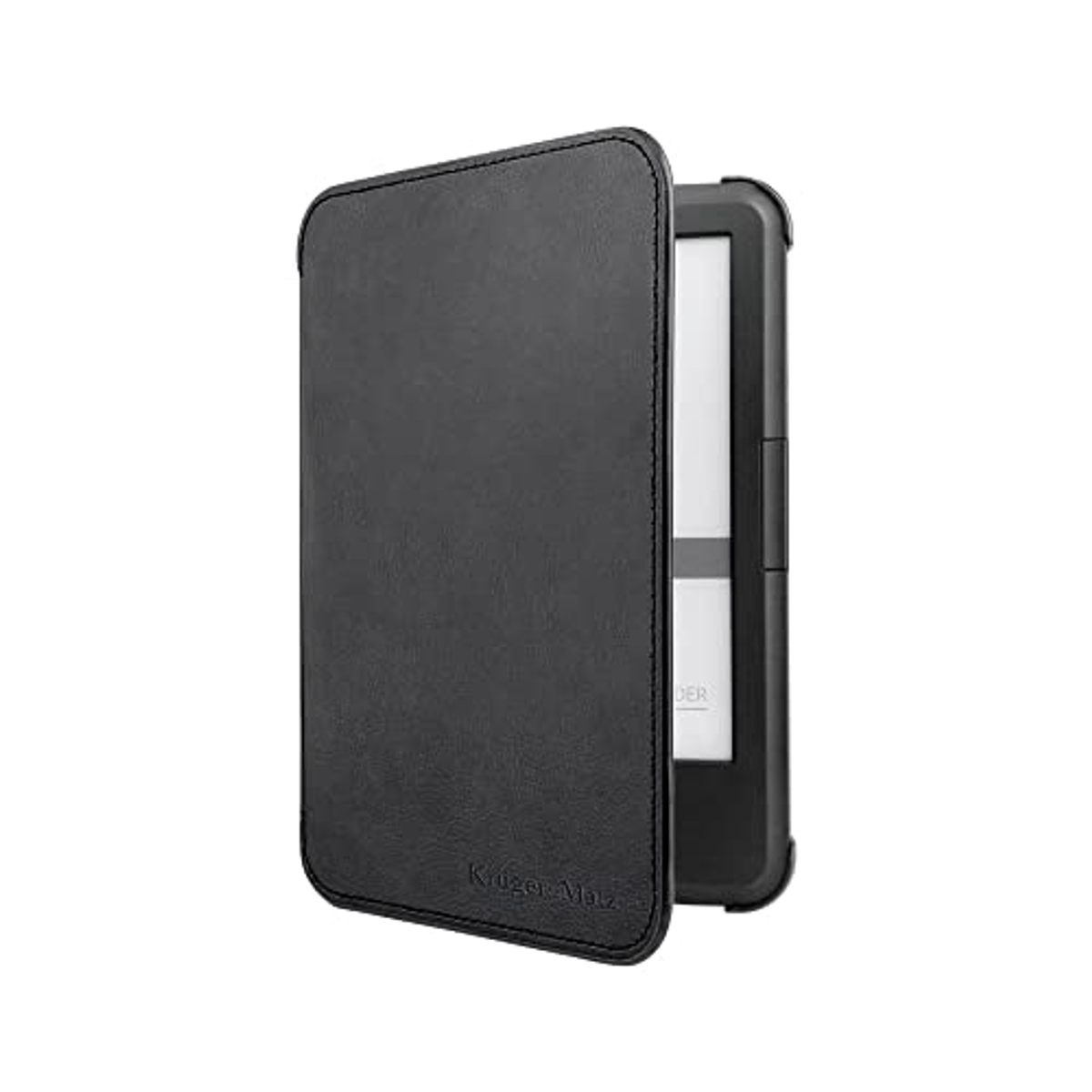 E-reader nero in una custodia aperta in pelle nera. La custodia ha cuciture visibili.