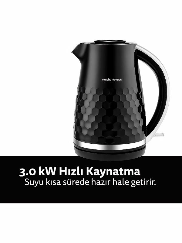 Bal peteği desenli, gümüş saplı siyah su ısıtıcı. Hızlı kaynatma.