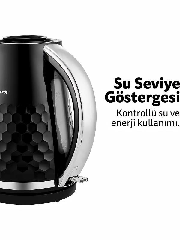 Gümüş saplı, petek desenli siyah su ısıtıcı. Su seviye göstergesi görünür.