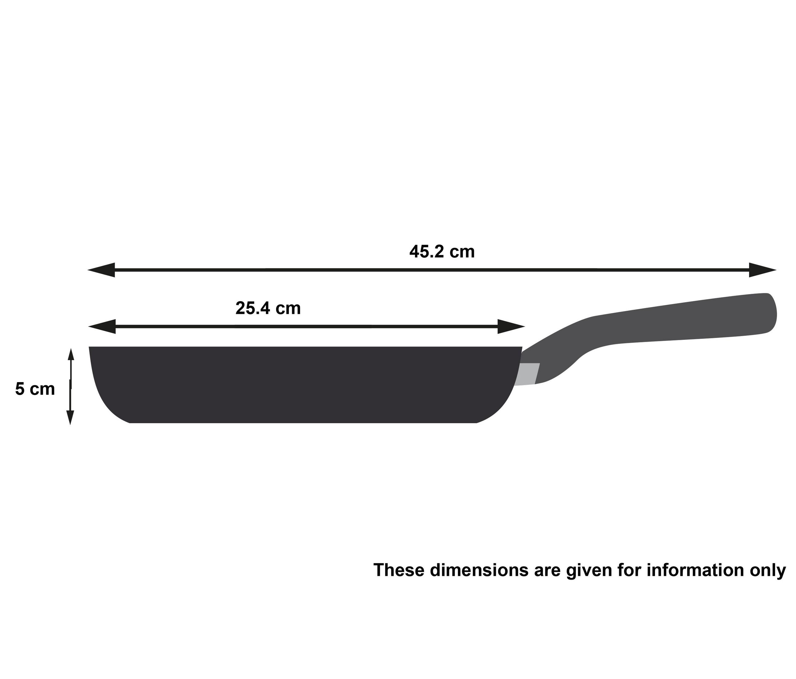 Schwarze Bratpfanne mit Griff, 45,2 cm Gesamtlänge, 25,4 cm Durchmesser, 5 cm Höhe.