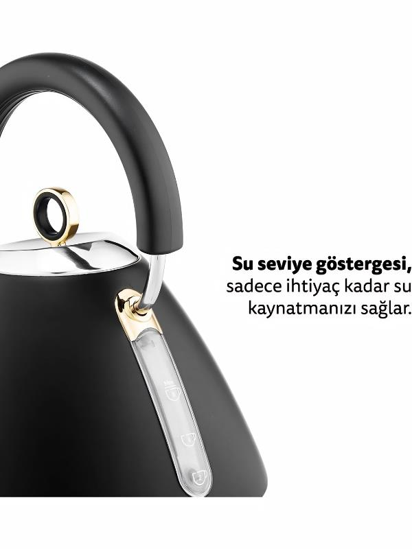 Siyah su ısıtıcı, siyah saplı, altın rengi detaylı, su seviyesi göstergeli.