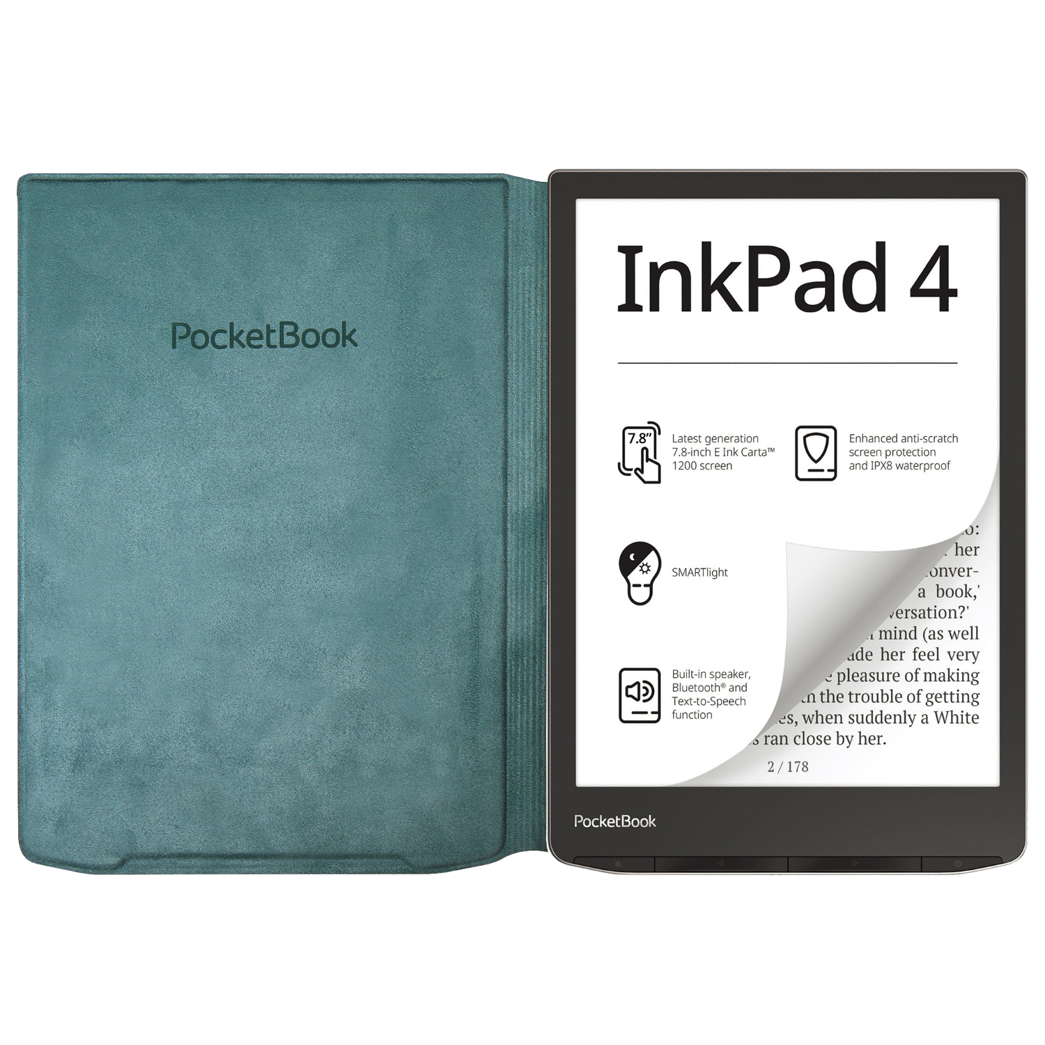 Un e-reader PocketBook verde acqua è aperto, mostrando il suo schermo con 'InkPad 4' e le funzioni.