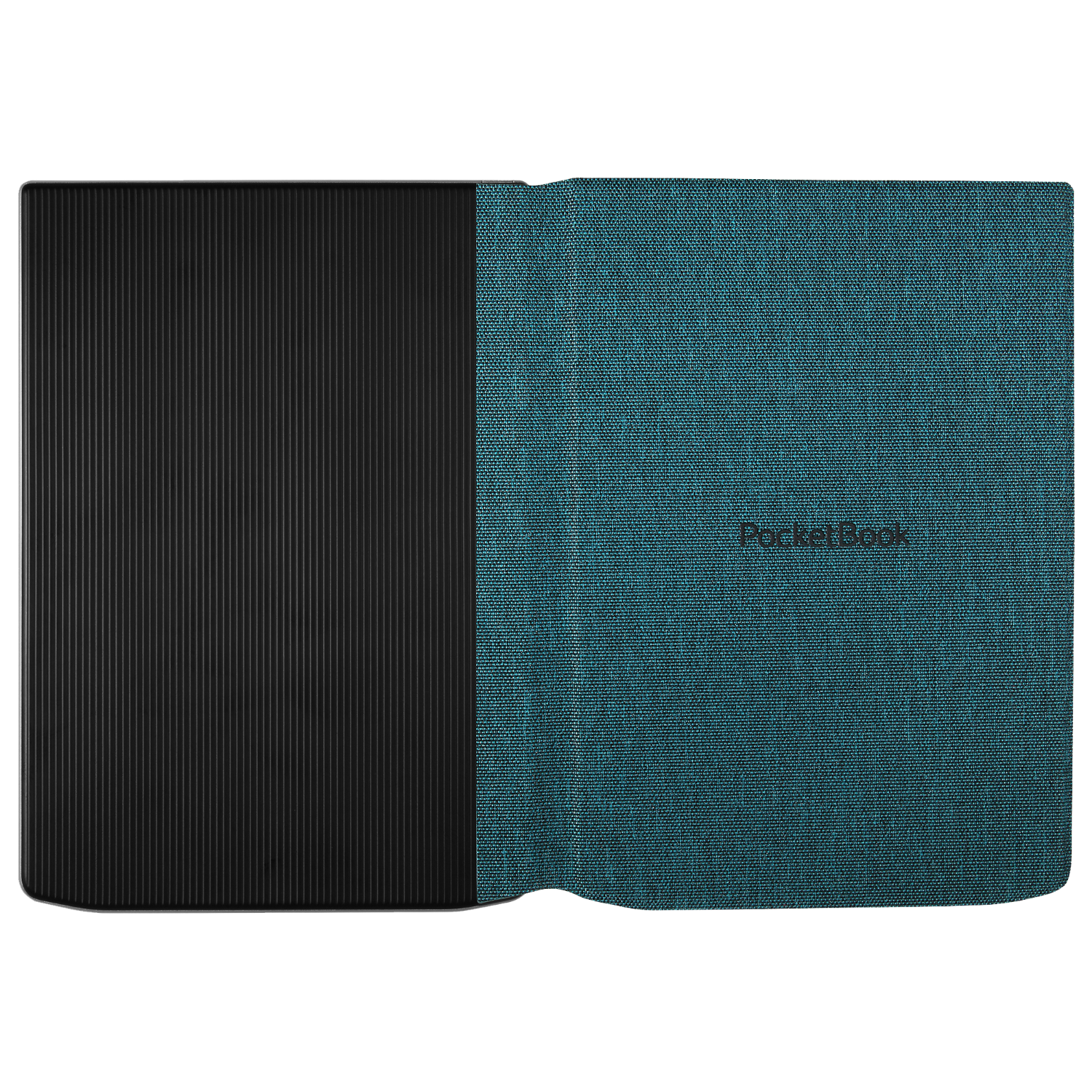 Retro nero a coste di copertina e-reader con copertina anteriore testurizzata blu petrolio che mostra 'PocketBook'.