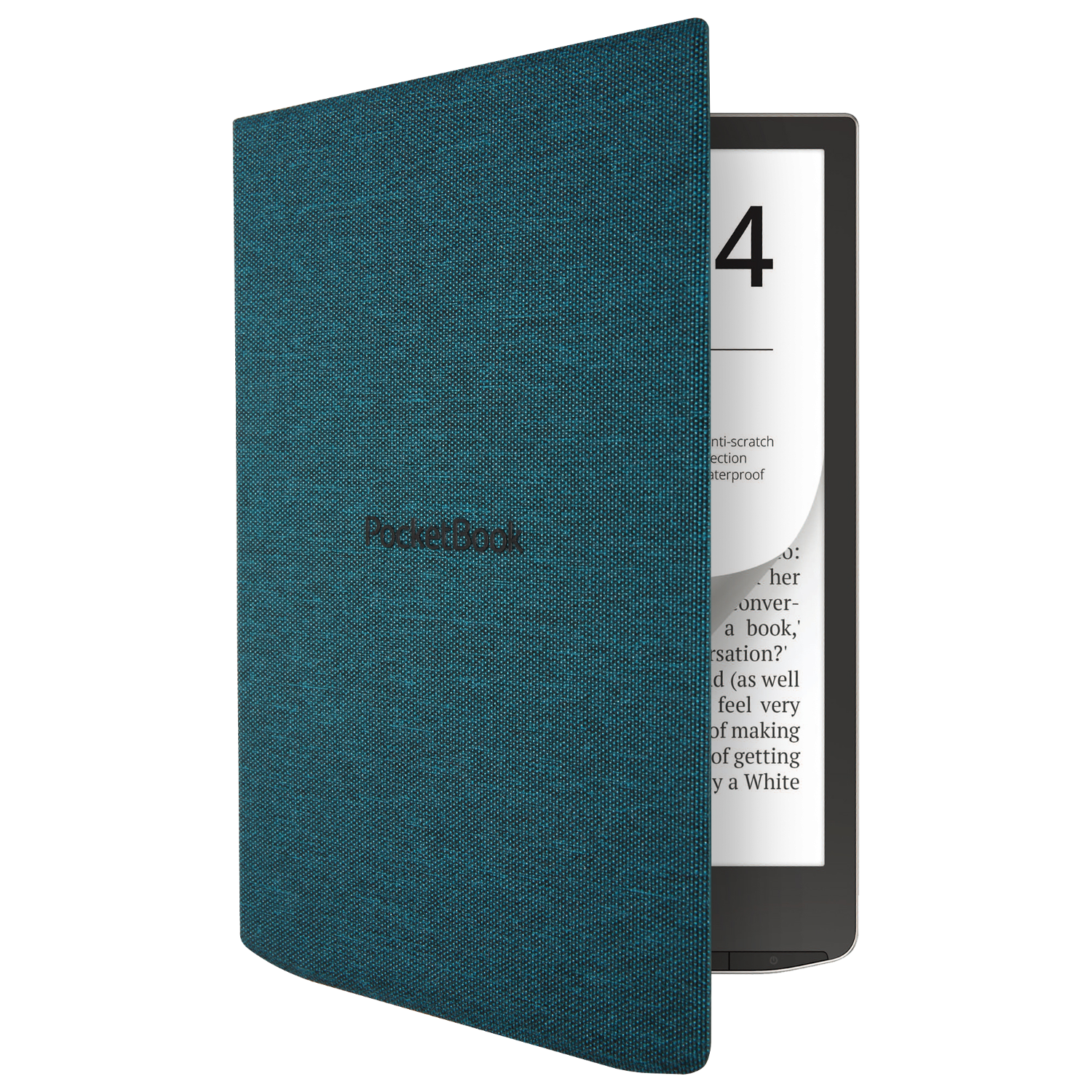 Un e-reader color verde acqua con la copertina aperta, che mostra lo schermo e il testo.