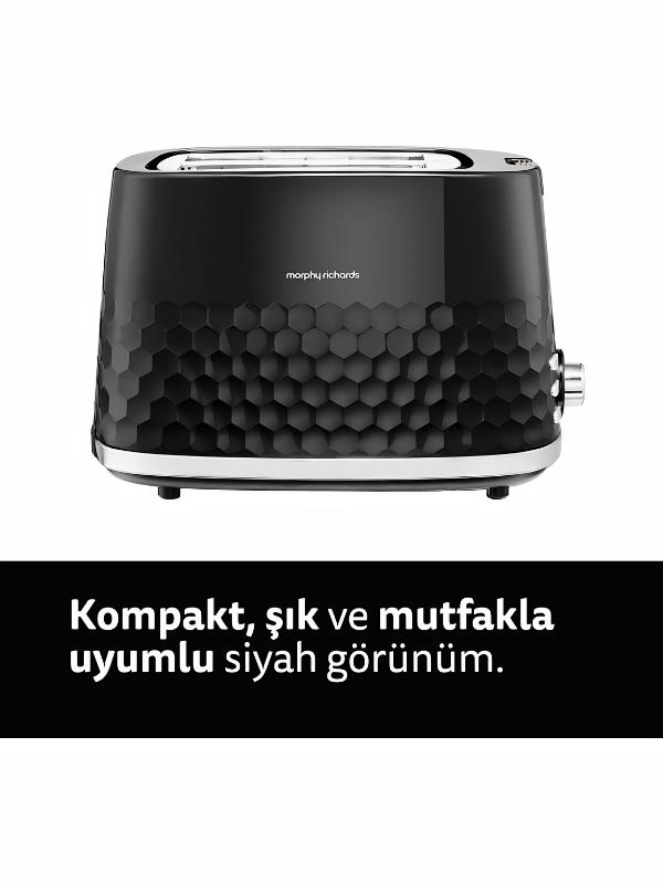 Petek desenli, krom detaylı, şık ve mutfaklara uyumlu siyah tost makinesi.
