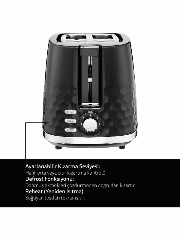 Bal peteği desenli siyah tost makinesi, kızartma, buz çözme ve yeniden ısıtma fonksiyonları.