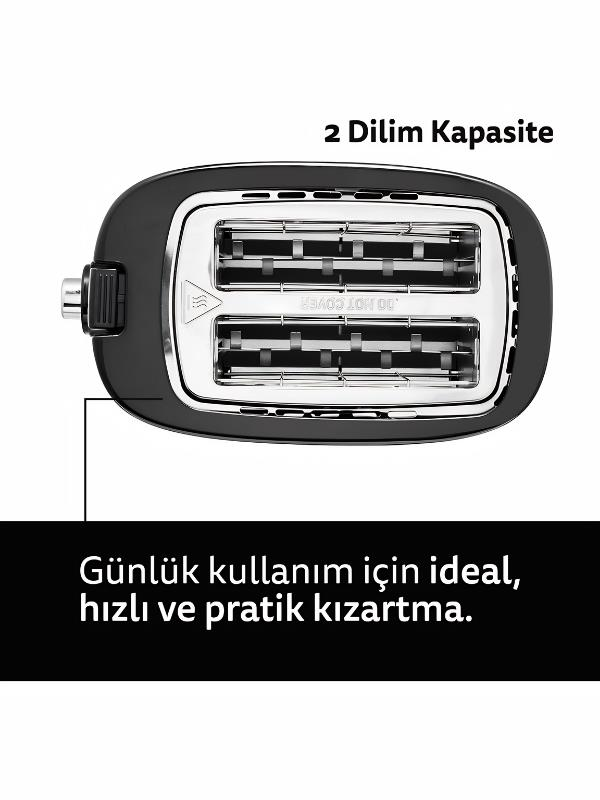 Krom detaylı, siyah, iki dilim kapasiteli tost makinesi. Günlük kullanım için idealdir.