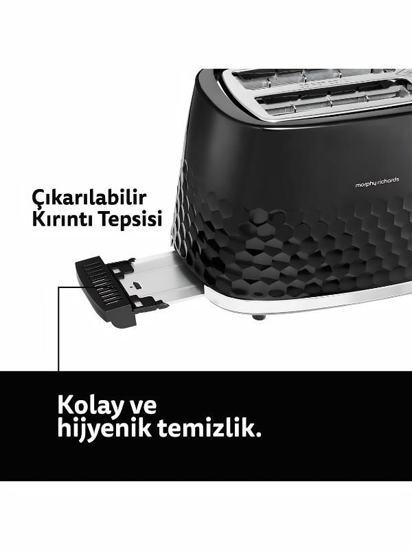 Siyah ekmek kızartma makinesi, çekilebilir kırıntı tepsisi ve petek desenli.