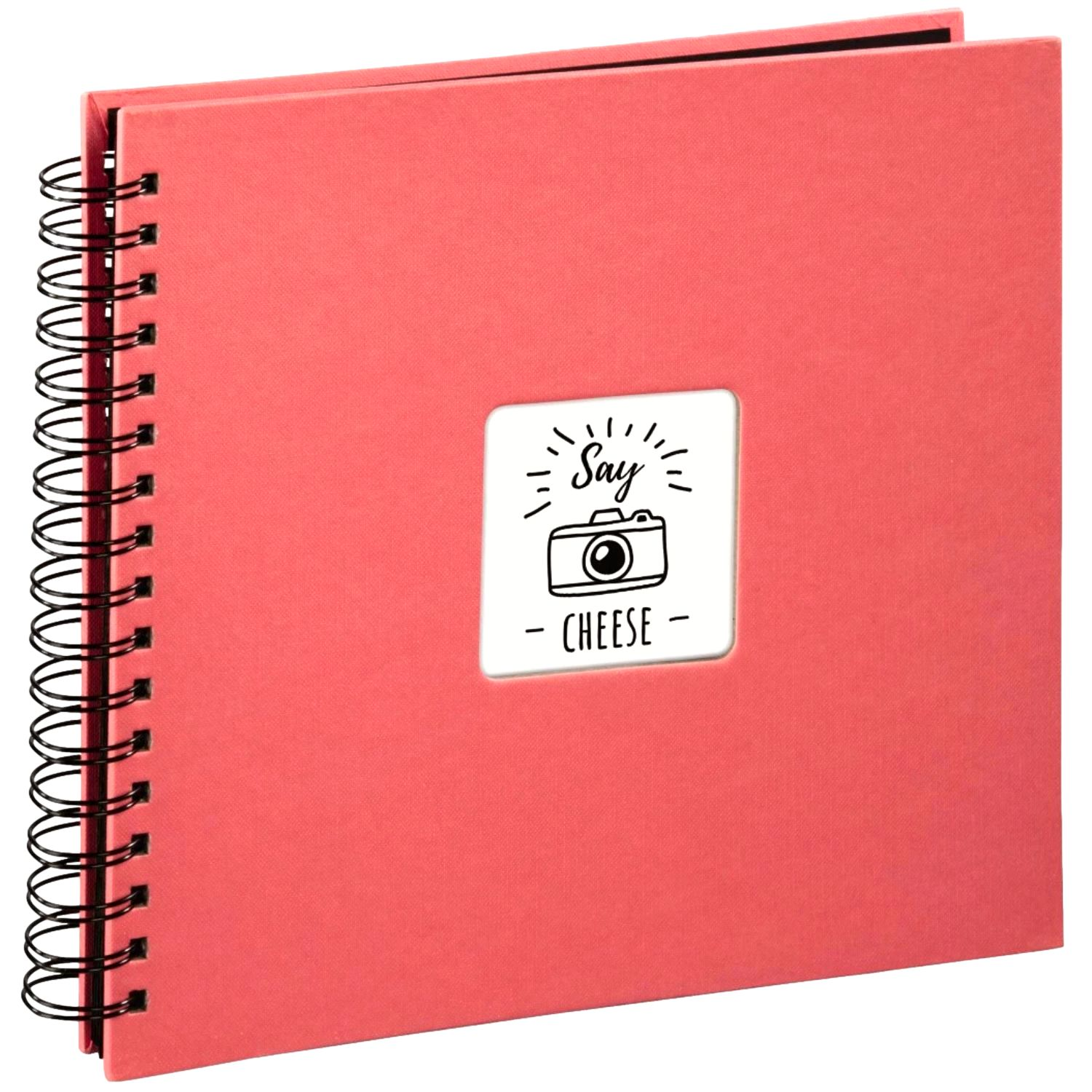Un cuaderno rojo con espiral y un recuadro blanco con una cámara y texto.