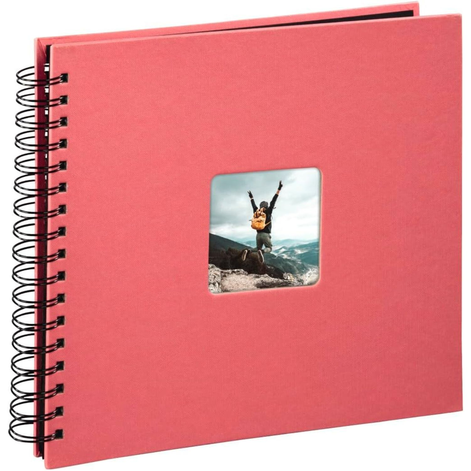 Álbum de espiral coral con ventana cuadrada que muestra a un excursionista celebrando en una montaña.