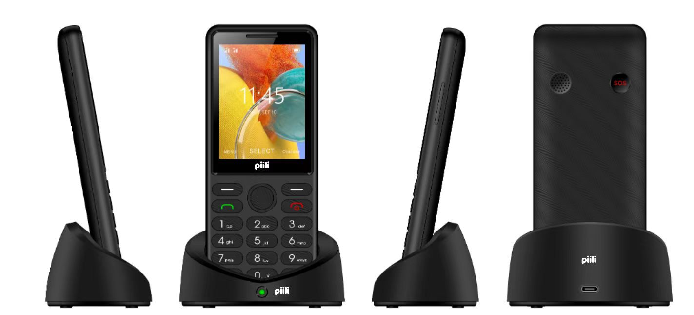Tuş takımı ve şarj istasyonlu siyah cep telefonu, önden ve arkadan görünümü.