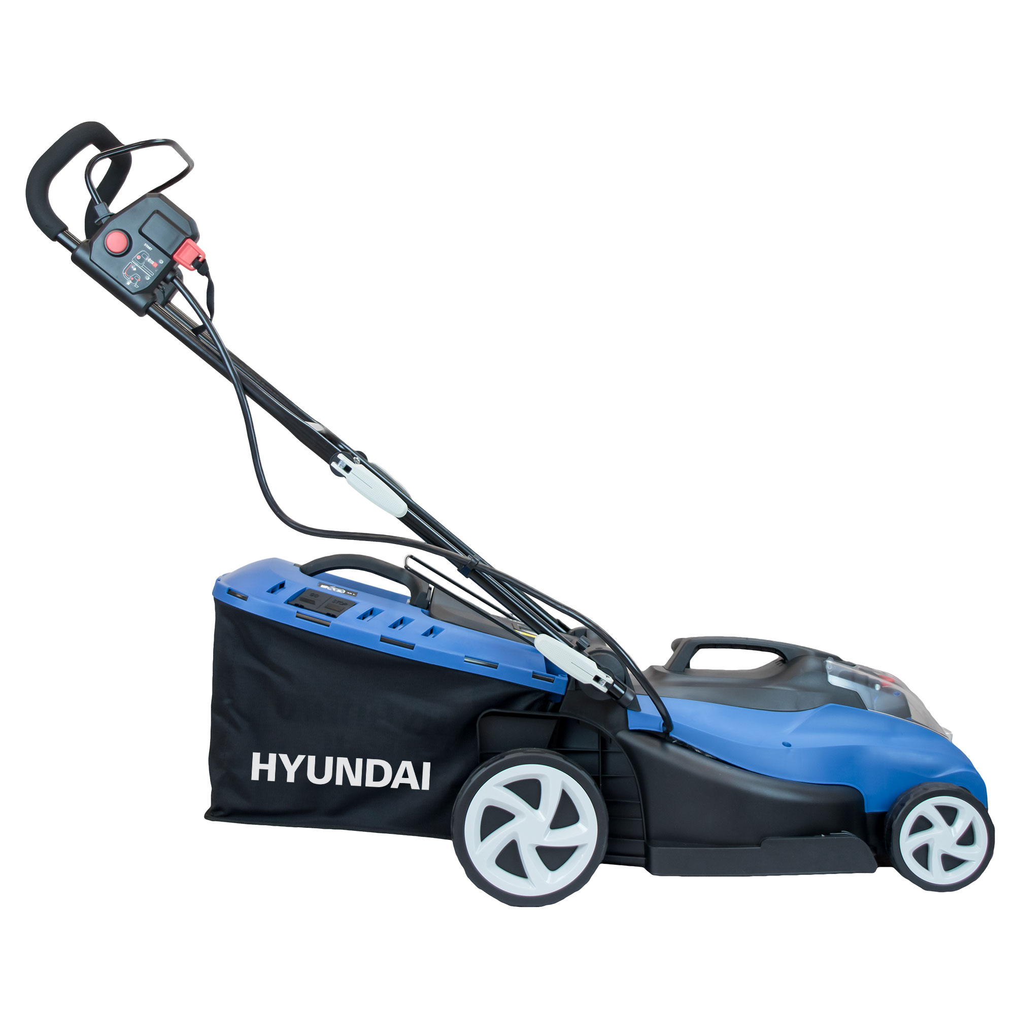 Cortacésped Hyundai azul y negro con bolsa recolectora, sobre fondo blanco.