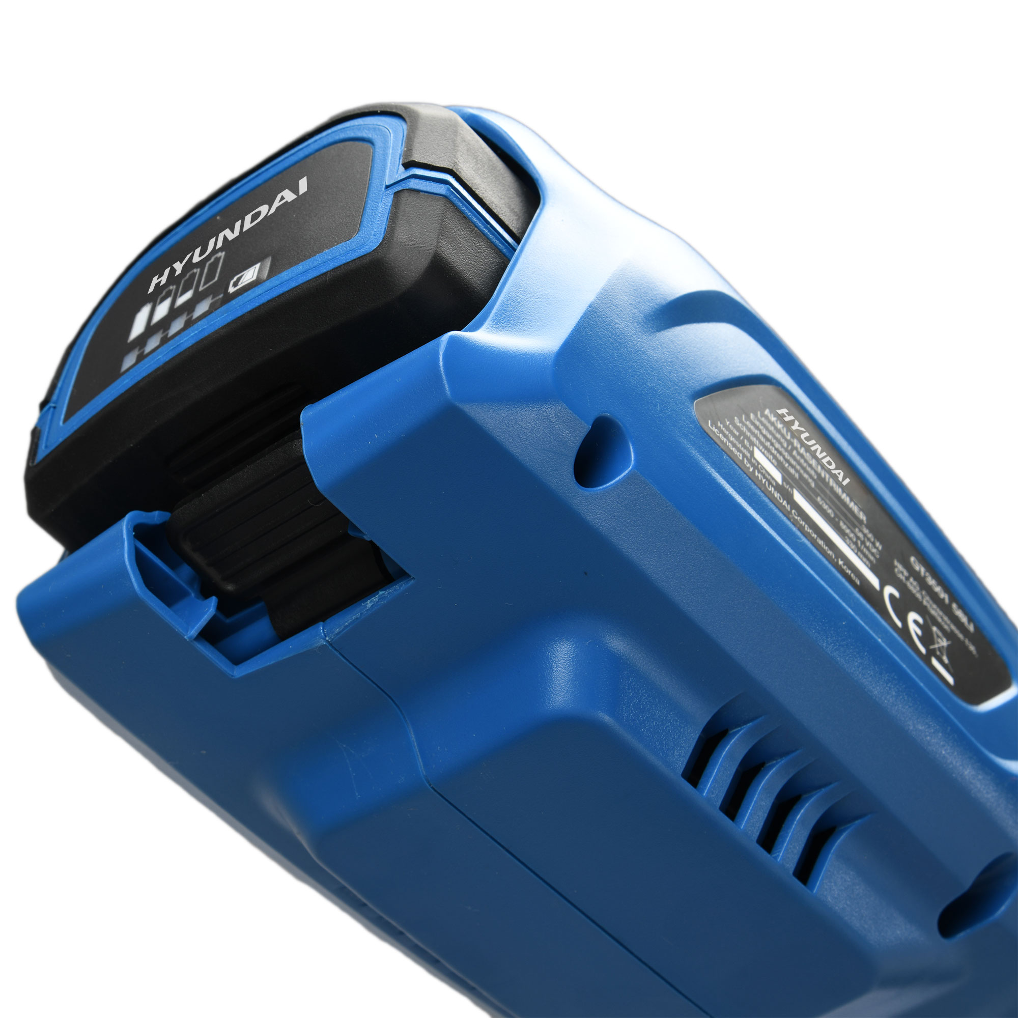 Cortacésped inalámbrico azul Hyundai con indicador de carga y rejillas de ventilación.