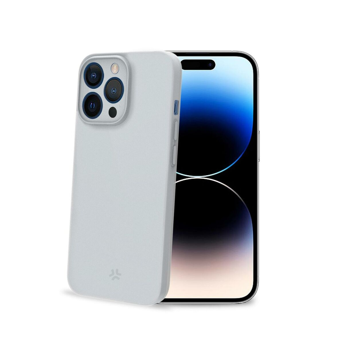 Una cover grigio chiaro davanti a uno smartphone con sfondo blu.